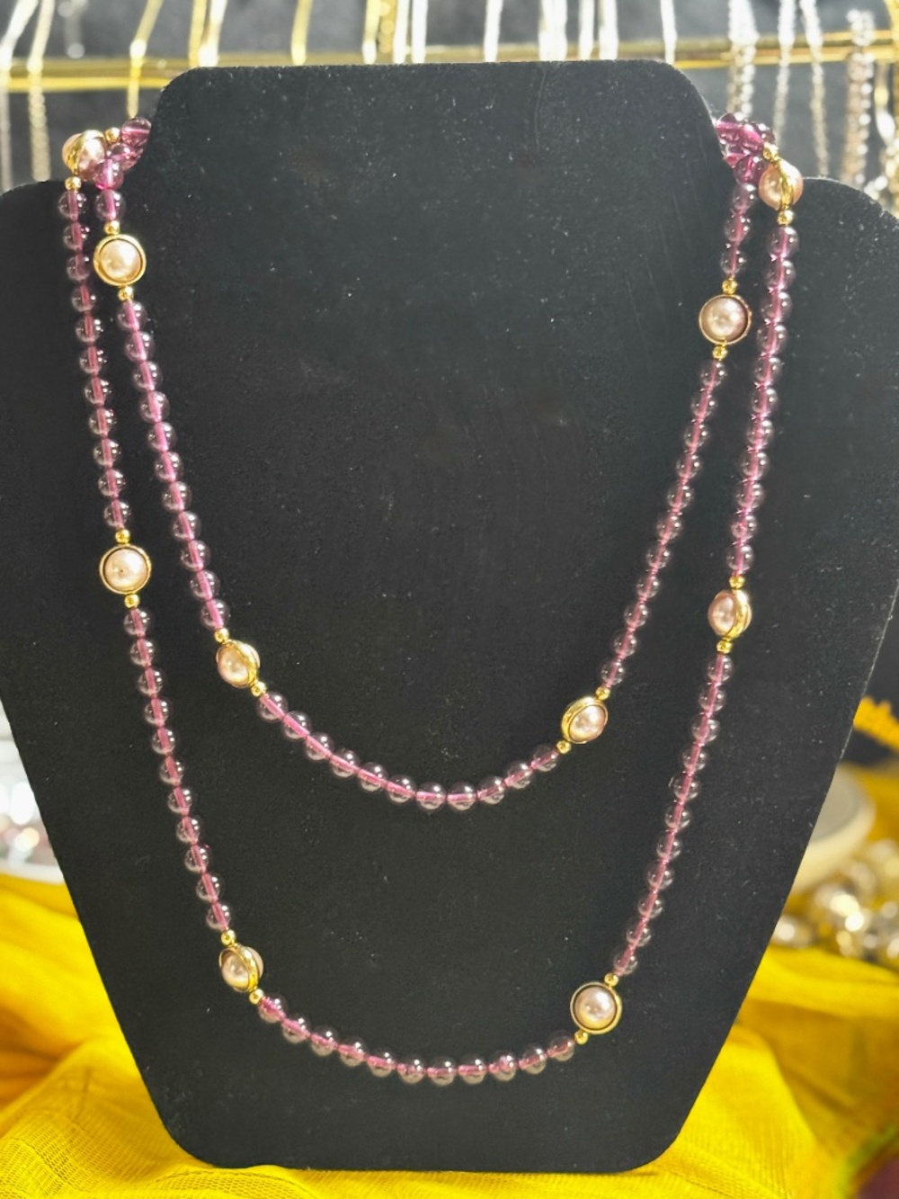 Long Amethyst Purple Glass Bead & Faux Pearl Station Necklace (36”)